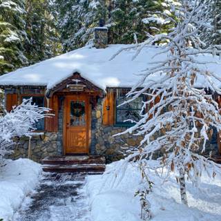 Romantic winter cabin wallpaper