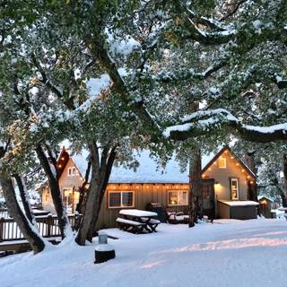 Romantic winter cabin wallpaper