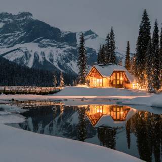 Romantic winter cabin wallpaper