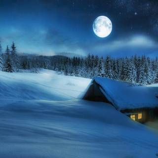 Romantic winter cabin wallpaper