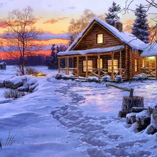 Snow covered cabin wallpaper