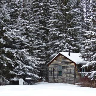Snow covered cabin wallpaper