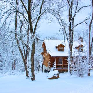 Snow covered cabin wallpaper