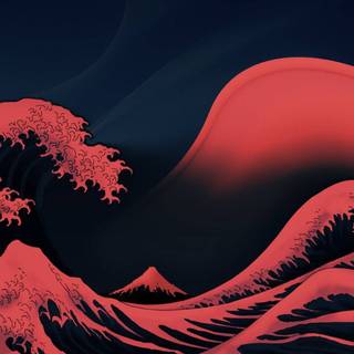 The Great Wave red wallpaper