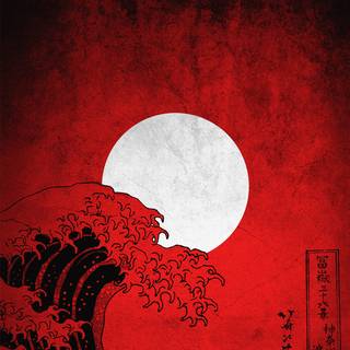 The Great Wave red wallpaper