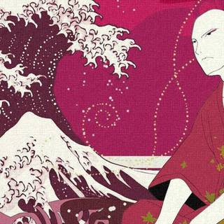 The Great Wave red wallpaper