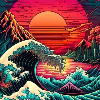 The Great Wave red wallpaper