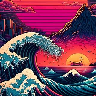 The Great Wave red wallpaper