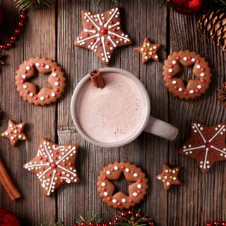 Hot chocolate with a Christmas tree wallpaper