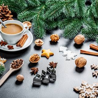 Hot chocolate with a Christmas tree wallpaper