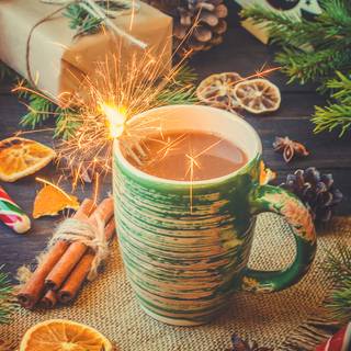 Hot chocolate with a Christmas tree wallpaper