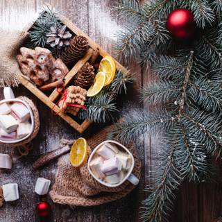 Hot chocolate with a Christmas tree wallpaper
