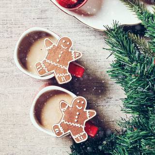 Hot chocolate with a Christmas tree wallpaper