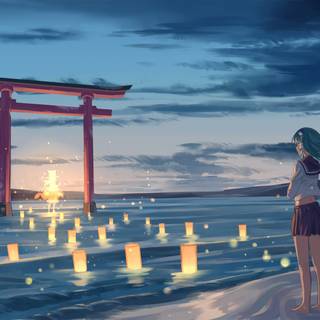 Beach night anime wallpaper