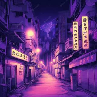 Dark purple anime city wallpaper