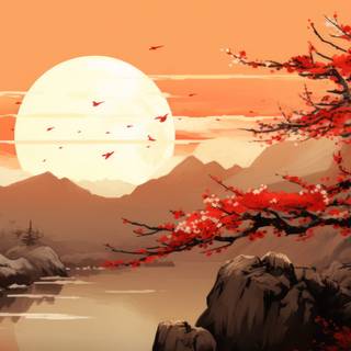 AI sunset lake wallpaper