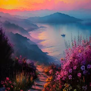 AI sunset lake wallpaper