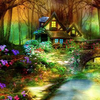 Forest cottage wallpaper