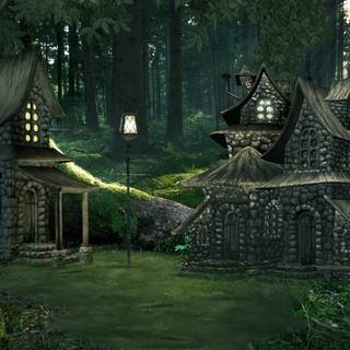 Forest cottage wallpaper