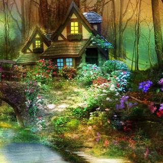 Forest cottage wallpaper
