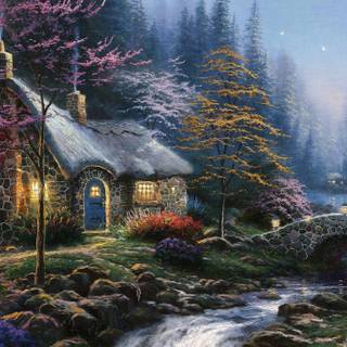 Forest cottage wallpaper