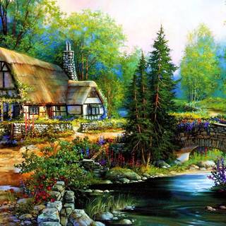 Forest cottage wallpaper
