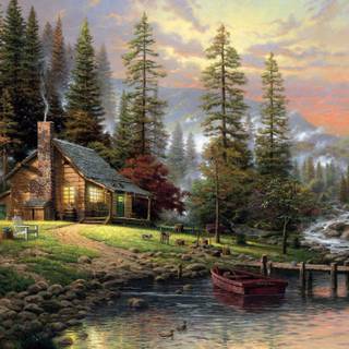 Forest cottage wallpaper