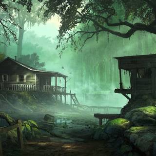 Forest cottage wallpaper