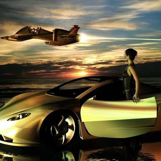Car with plane wallpaper