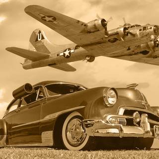 Car with plane wallpaper