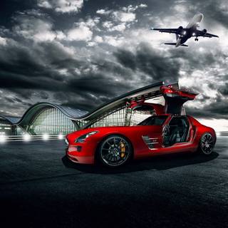 Car with plane wallpaper