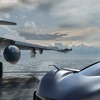 Car with plane wallpaper