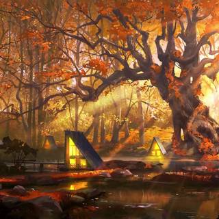 Autumn fantasy village wallpaper