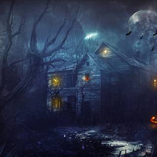 Fantasy Halloween cottage wallpaper