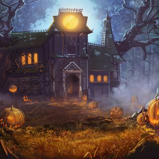 Fantasy Halloween cottage wallpaper