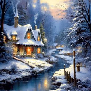 Winter scenery cottages wallpaper