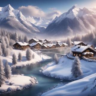 Winter mountains painting wallpaper