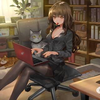 Cat with girl wallpaper