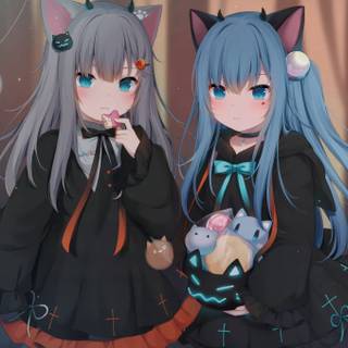 Cat with girl wallpaper