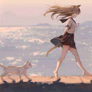 Cat with girl wallpaper