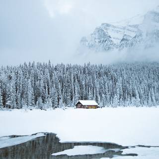 Winter cabin lake wallpaper