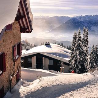 Winter mountain house wallpaper