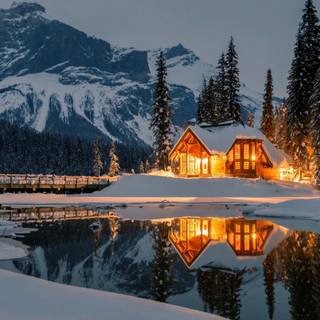Winter mountain house wallpaper