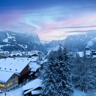 Winter mountain house wallpaper