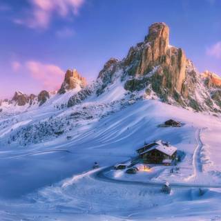 Winter mountain house wallpaper