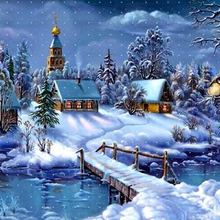 Snowy Christmas village wallpaper
