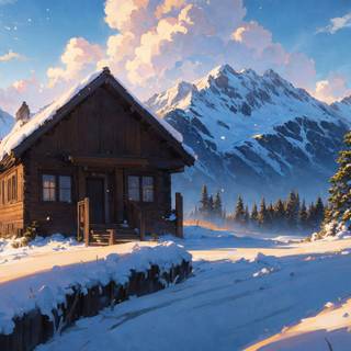 Wooden cabin winter wallpaper