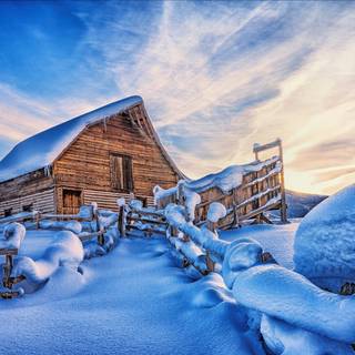 Wooden cabin winter wallpaper