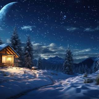 Winter cabin at night wallpaper