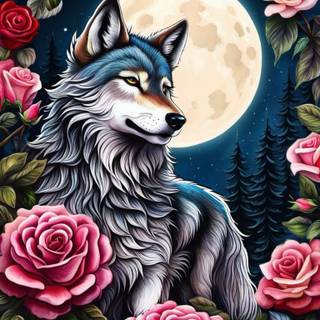 Wolf with rose wallpaper